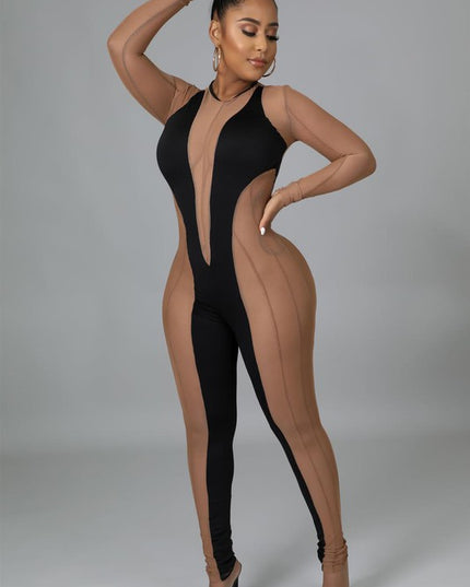 Mesh Insert Bodycon Jumpsuits