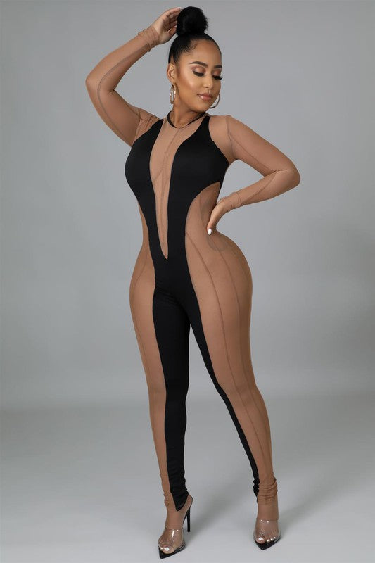 Mesh Insert Bodycon Jumpsuits