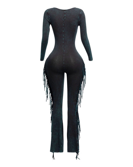 Mineral Washed Fringed Jumpsuit