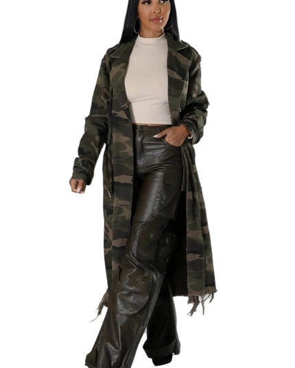 Women Fashion Camoflage Long Trench Coat