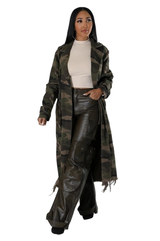 Women Fashion Camoflage Long Trench Coat