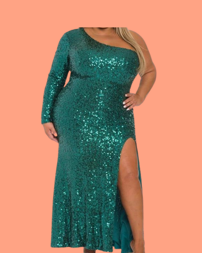 Curvy Sequin One Shoulder Side Slit Maxi Dress