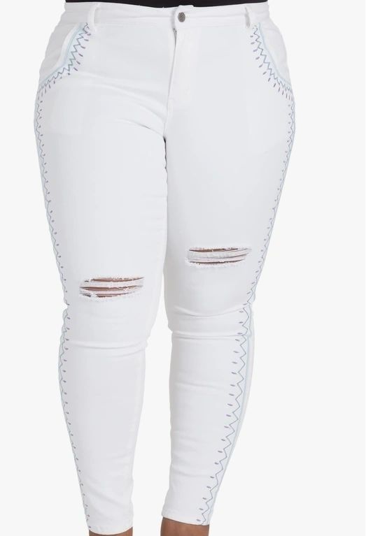 Embroidery White Jeans w/ Slit