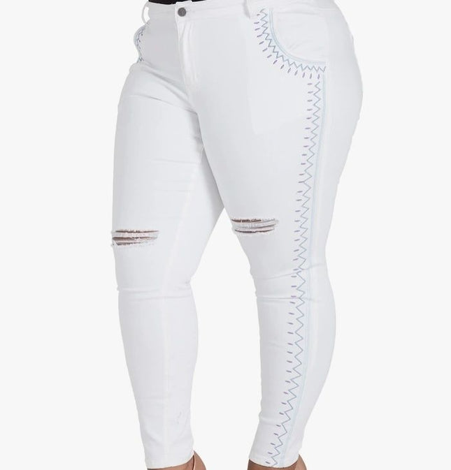 Embroidery White Jeans w/ Slit
